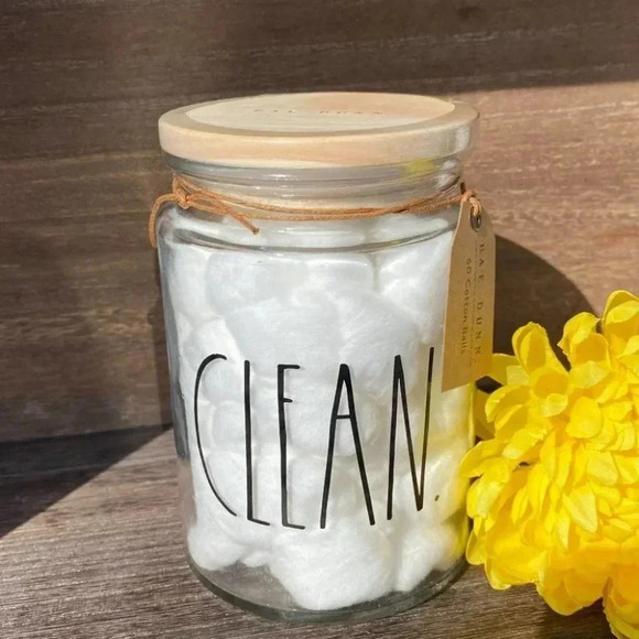 NEW Rae Dunn CLEAN (reusable) Glass Jar with 60 Cotton Balls & cute wood lid - Picture 4 of 8
